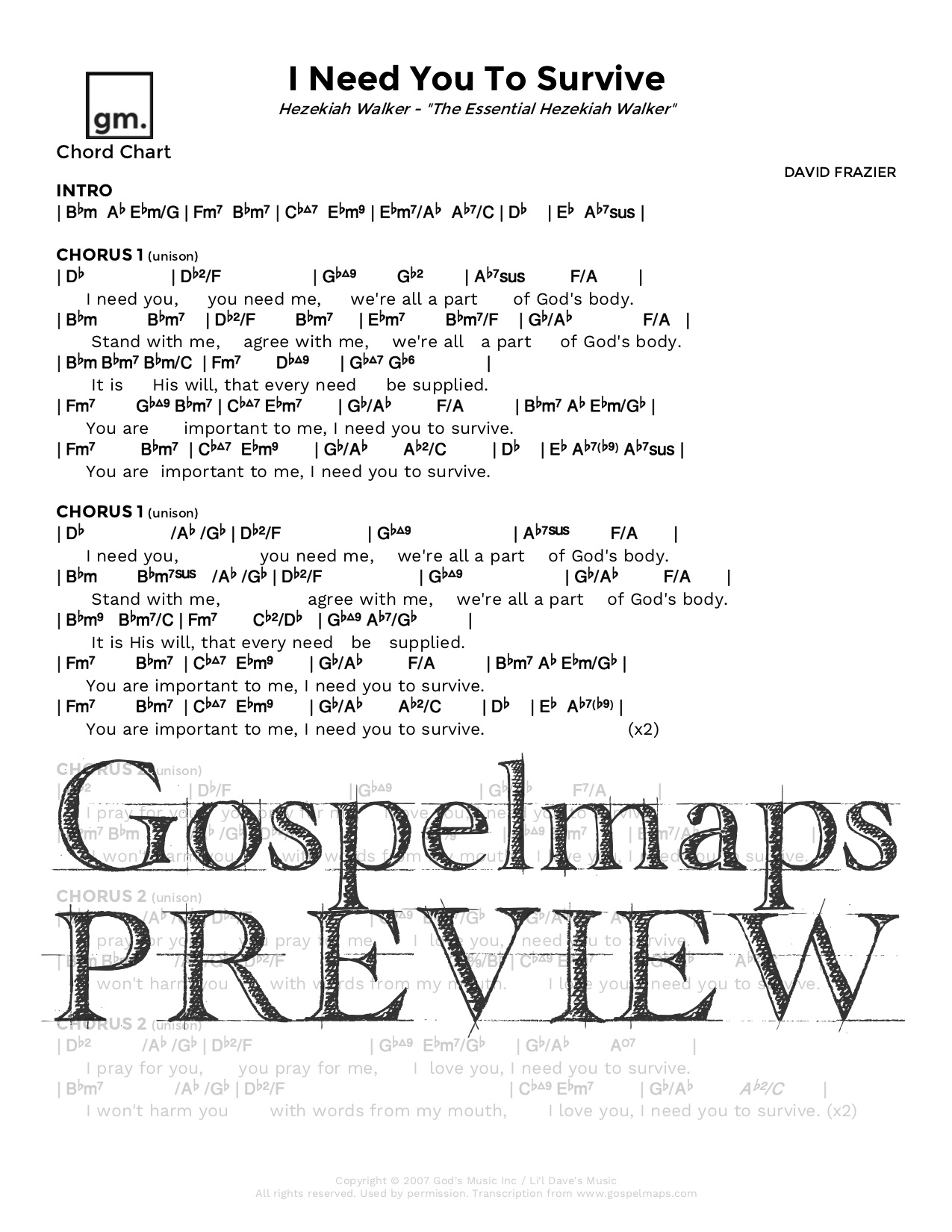 Gospelmaps I Need You To Survive Hezekiah Walker The Essential Hezekiah Walker Rhythm Vocal And Chord Charts